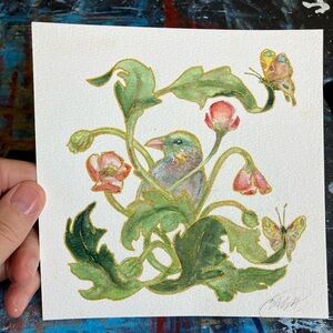 Original Poppies bird watercolor art handmade nature‎ nouveau artwork Artettina